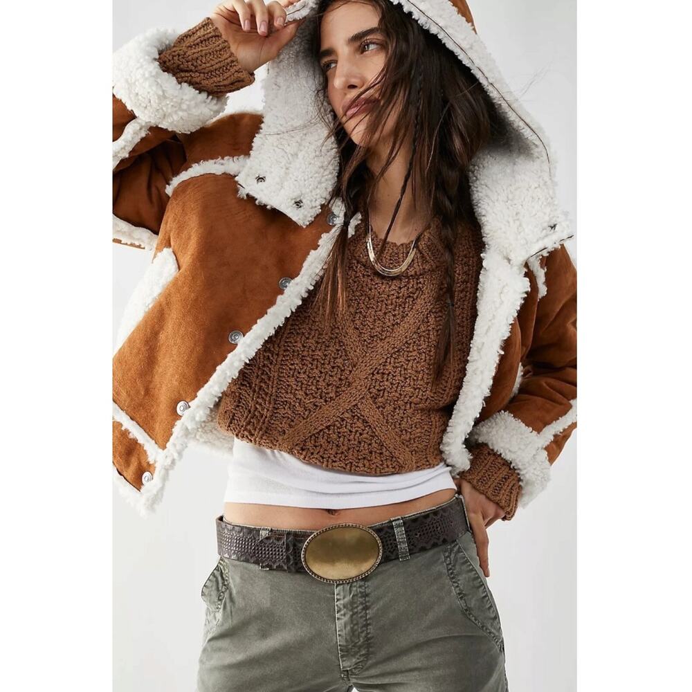 Free People Western Bohemian Vegan Suede Exchange Shearling Jacket Coat Large